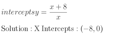The intercepts of y=(x+8)/x is X Intercepts: (-8,0)